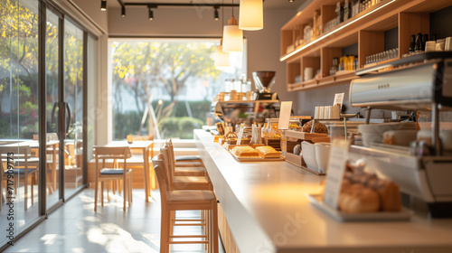 Small modern Korean style design cafe, glossy ivory white round corner counter, cake display, professional espresso machine, bar table, stool by window for interior