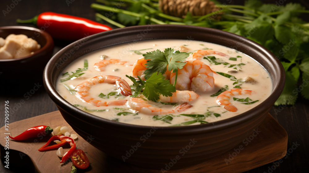 Chowder soup with seafood and prawn shrimps