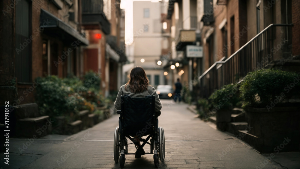 Alone woman sitting in wheelchair out on city street Alone woman sitting in wheelchair out on city street