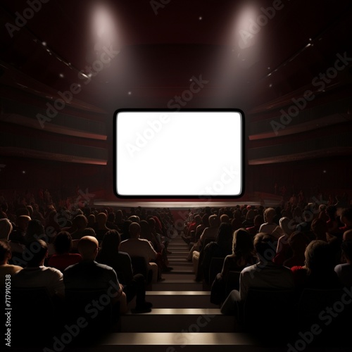 Cinema empty screen with audience. People watching movie performance. Copy space.