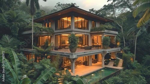 The house overlooks a ravine filled and jungle like foliage. Generative AI. photo