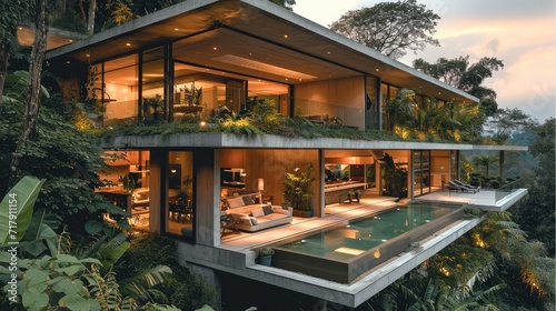 The house overlooks a ravine filled and junglelike foliage. Generative AI. © visoot