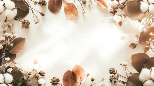 double exposure, cotton flowers and leaves frame for greeting card template with free copy space in the center