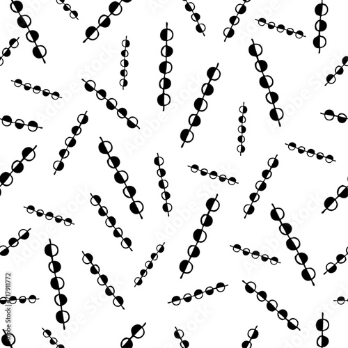 Black & white circles on string repeated in seamless vector pattern. Simple monochromatic pattern with b & w dots on skewers. Creative texture for printing on various surfaces, use in graphic design. © EF Studio