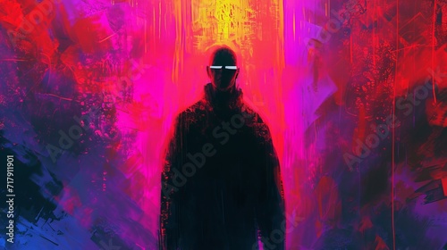 inspired graphic, enigmatic man with a blank face mask, traversing the rift between realms, neon contrast