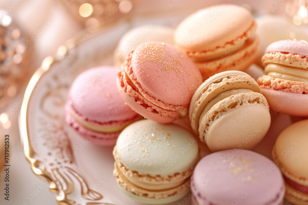 Parisian chic macaron display. Background image. Created with Generative AI technology