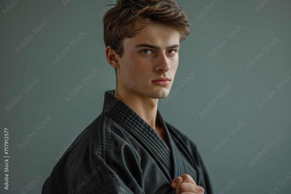 young karate man in black karate uniform for martial arts against. young karate man in black karate uniform for martial arts against.