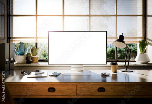 Computer all-in-one with a blank screen front in industrial loft green ecological office interior. 3d render