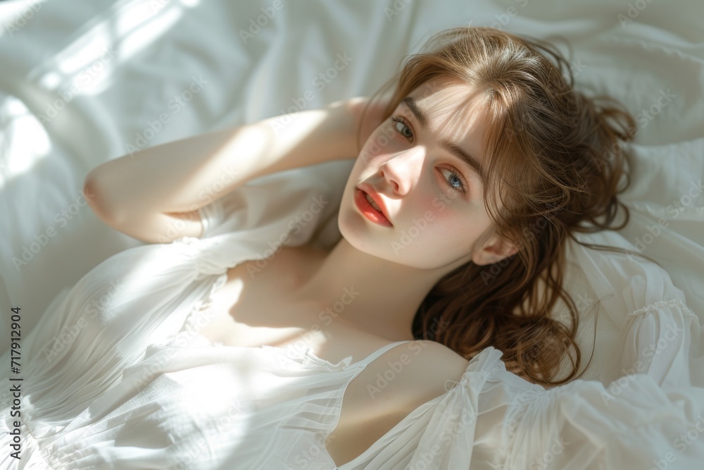 Fototapeta premium Young Japanese woman wearing white clothes lying on bed
