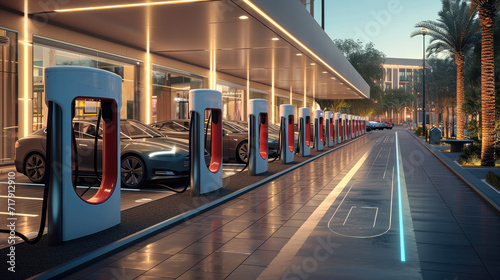 Public row of EV charging station. Generative AI.
