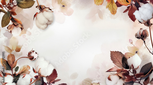 Greeting card template with a double exposure features a frame of cotton flowers and leaves, with free copy space in the center