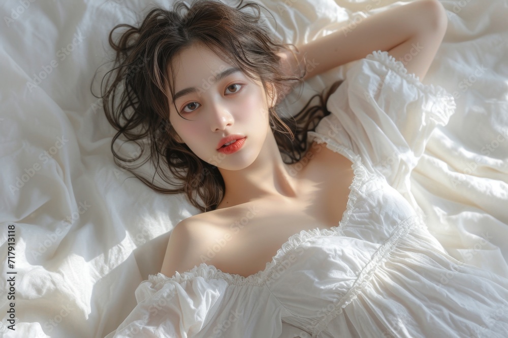 Young Japanese woman wearing white clothes lying on bed Young Japanese woman wearing white clothes lying on bed