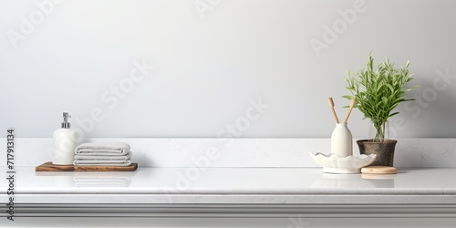 Portrait layout bathroom table with white granite for product display.