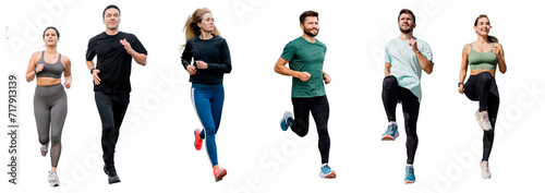People runners fitness exercises jogging in fitness clothes, sports friends warm up. Isolated transparent background.