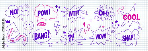 Speech bubbles, arrows, effects set hand-drawn with a pen in a check notebook. Doodle anime icons. Comic text sound effects. Banner, poster, sticker concept. Funny style text Boom, Pow, Cool, Wtf, Wow