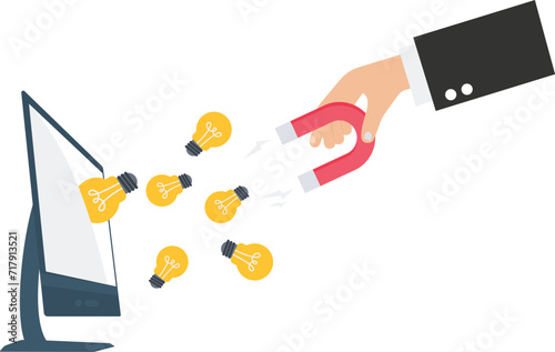 Imagination to create new ideas, creativity or innovation for new business concepts, businessman hand holding magnet to magnetize or draw lightbulb lamp ideas.

