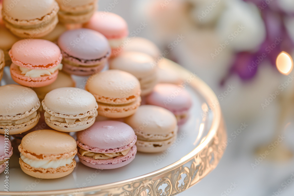 Parisian chic macaron display. Background image. Created with Generative AI technology
