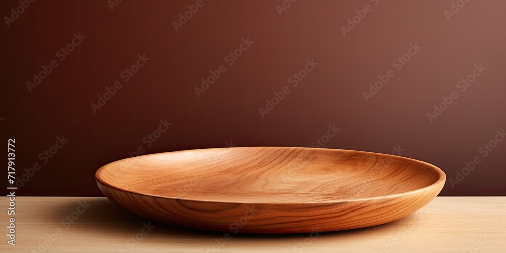Round wooden dish on brown background for food, products, or cosmetics. Round wooden dish on brown background for food, products, or cosmetics.