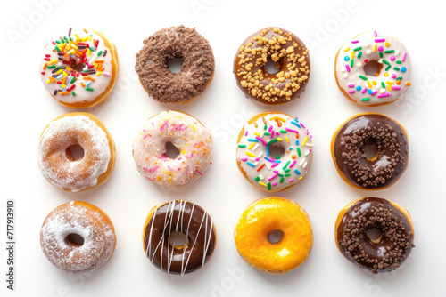 Delicious donuts arranged on a pristine white surface