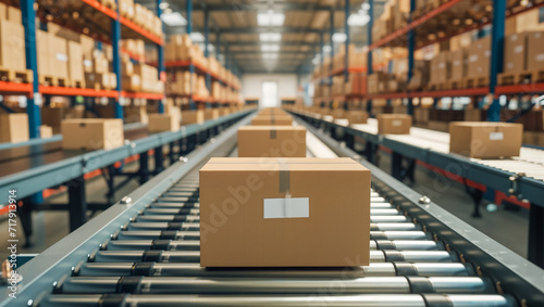 Packages on a conveyor belt in the distribution center of an online retailer. Space available for labeling