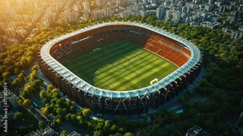 Aerial perspective view of a large soccer stadium. Generative AI. photo