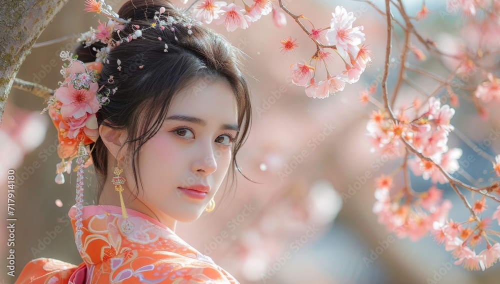 A young woman wearing a kimono and standing among spring flowers. The background has cherry blossoms with a blurred feel. A young woman wearing a kimono and standing among spring flowers. The background has cherry blossoms with a blurred feel.
