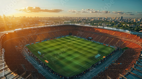 Aerial perspective view of a large soccer stadium. Generative AI.