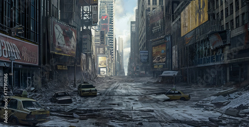 In a post-apocalyptic setting, a deserted city street appears desolate and abandoned