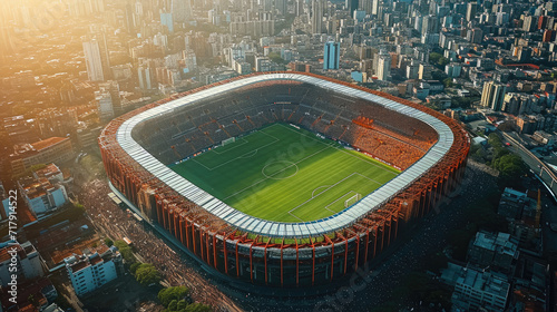 Aerial perspective view of a large soccer stadium. Generative AI. © visoot