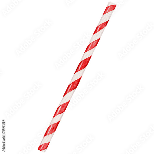 Watercolor  red striped papaer straw, isolated on transparent background. Watercolor hand draw illustration photo