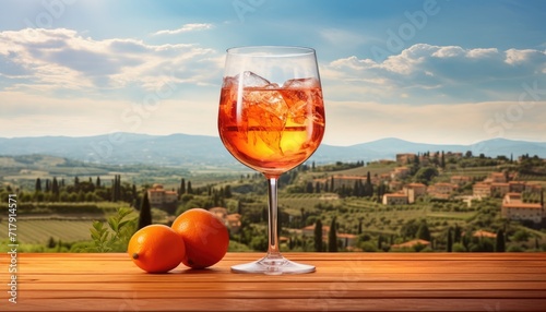 Photo realistic highly detailed glass of aperol spritz standing on clear wooden table against Italian landscape