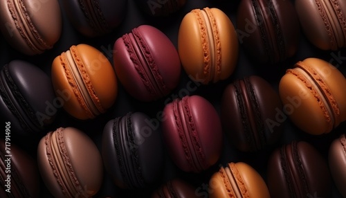 Realistic dark coloured macaroons background