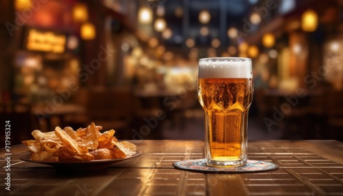 Glass of light beer standing on restaurant table against pub background with dish of snacks next to it 