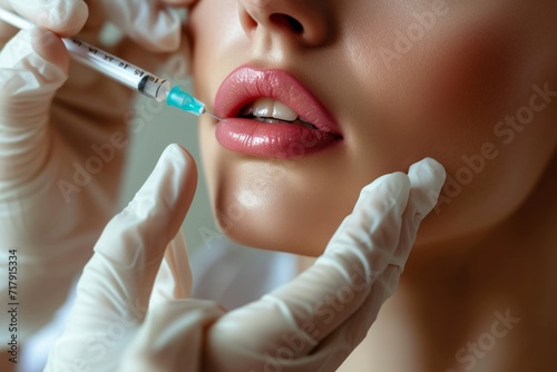 To become more beautiful  a woman is getting plastic surgery injections on her face