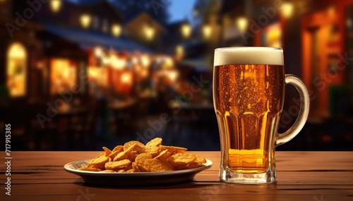 Pint of light beer standing on restaurant table against pub background with dish of snacks next to it 