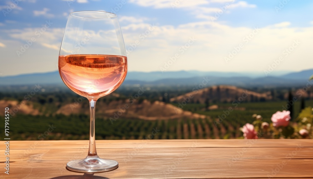 Photo realistic highly detailed glass of rose wine standing on clear wooden table against Italian landscape