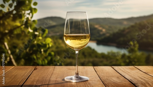 Photo realistic highly detailed glass of white wine standing on clear wooden table against Italian landscape