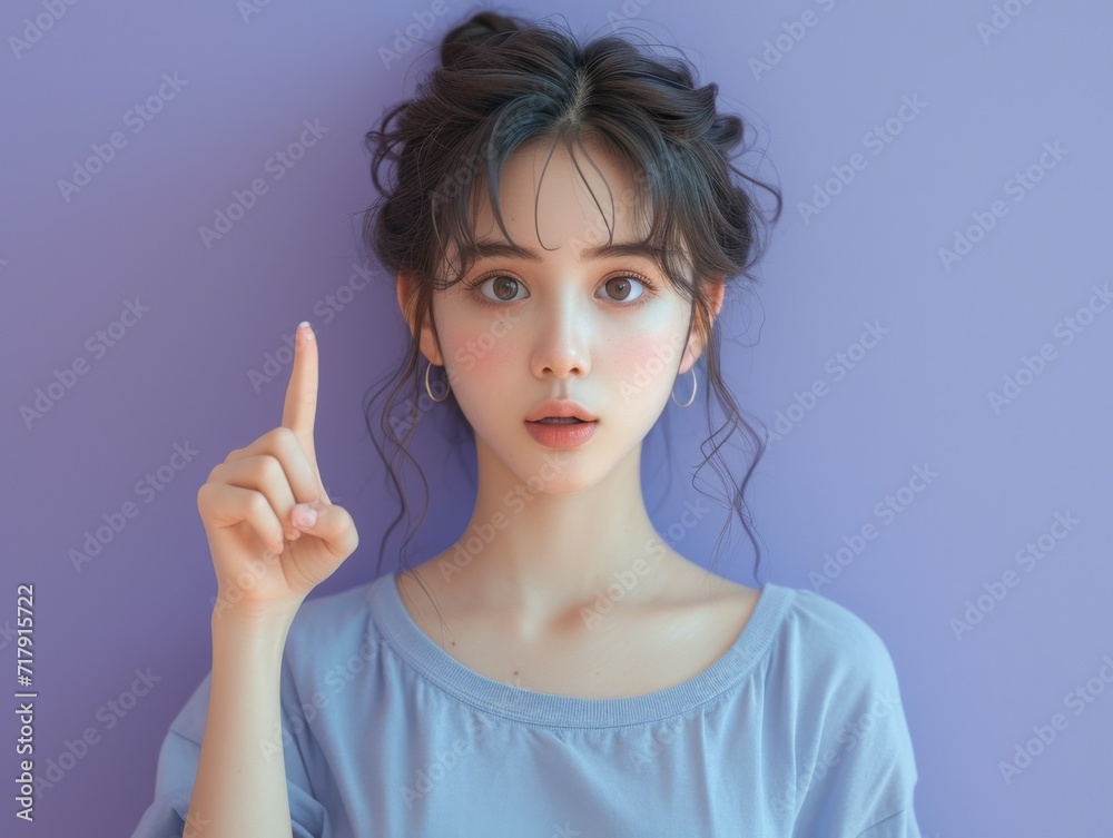 Young Asian girl smiling and showing index finger in living room. Young Asian girl smiling and showing index finger in living room.