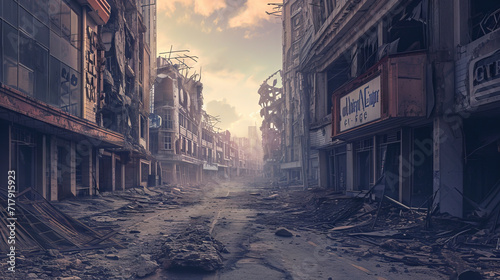 A desolate and abandoned city street in a post apocalyptic world photo
