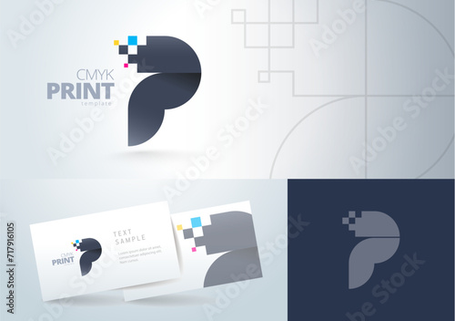 Logo Letter P and small squares. CMYK Print theme. And Business card. Template design vector.