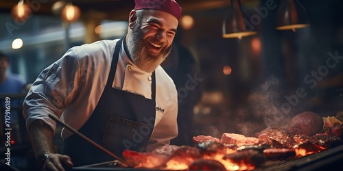 Cheerful chef grilling steaks at a bustling restaurant. professional cook in action. capturing culinary passion and skill. AI photo