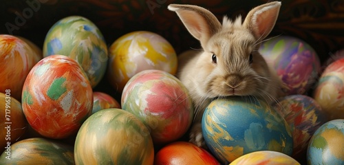 Close-up of bunny nibbling amidst painted eggs.