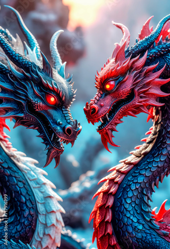 Dragons Yin and Yang, warriors of opposites. Two fantastic Chinese dragons. Year of the Dragon according to the eastern horoscope photo