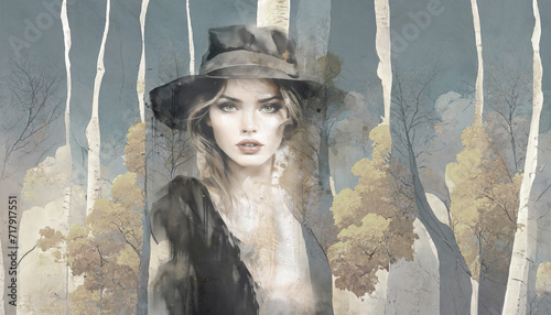 Beautifil woman with hat on the abstract background. Digital art for poster, card, canvas photo