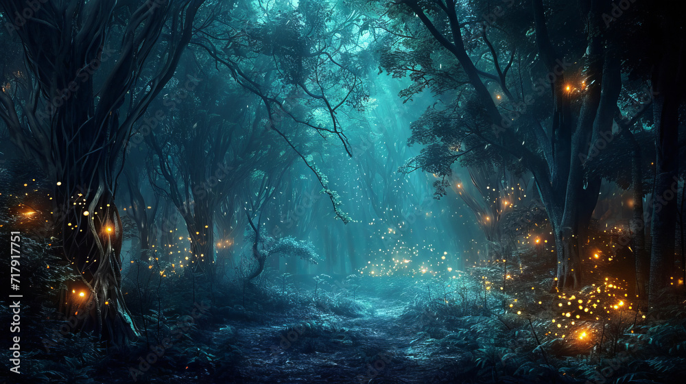 Enchanting forest at night, aglow with magical lights
