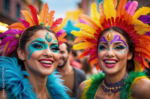 beautiful dancing and smilling Female wearing brazillian carnival costume