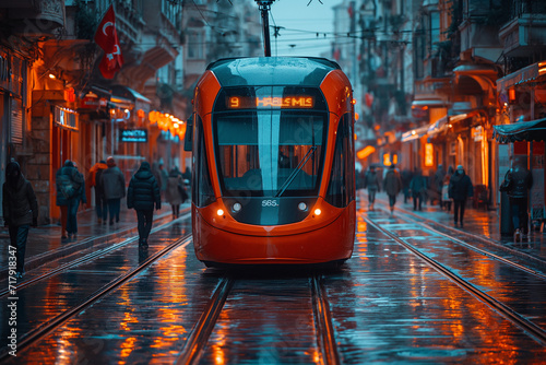 An Istanbul downtown a street car of a tram going down a street with some people riding the train