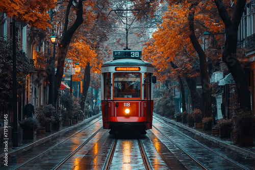 An Istanbul downtown a street car of a tram going down a street with some people riding the train