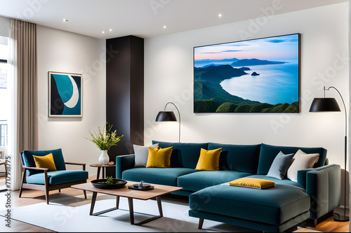 modern living room with natural landscape picture on the wall