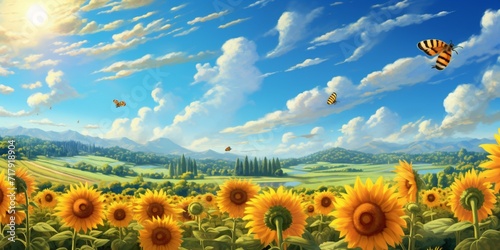 A field of sunflowers under a clear blue sky, with bees buzzing around, and a family of rabbits exploring the sunny landscape. photo